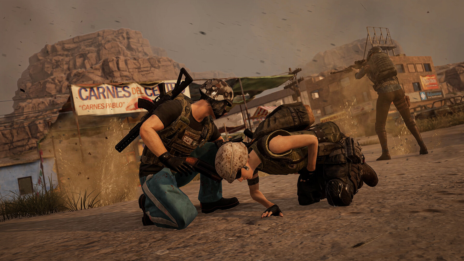 A PUBG player kneels in a Miramar street to revive a downed squadmate while an enemy fires from cover behind them
