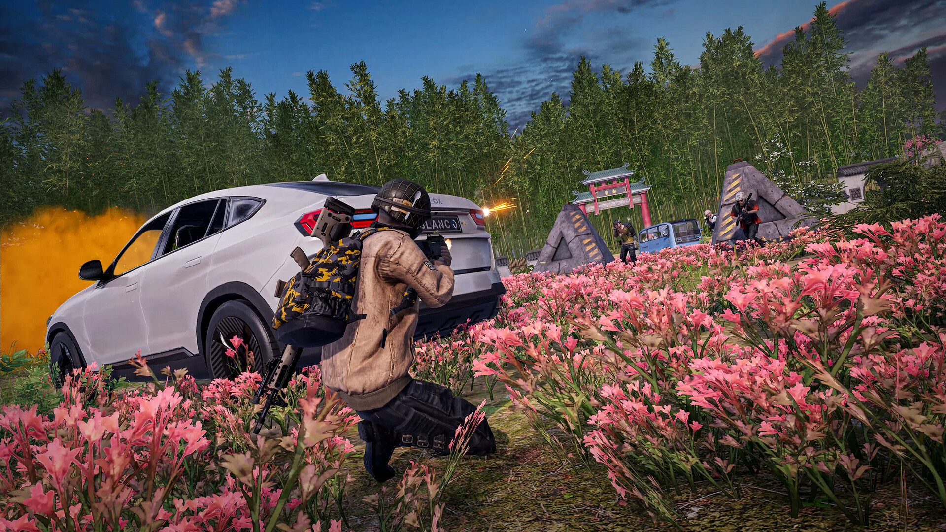 A PUBG player takes cover behind a white car in a field of pink flowers on Rondo, with enemies advancing from a bamboo grove and a temple gate