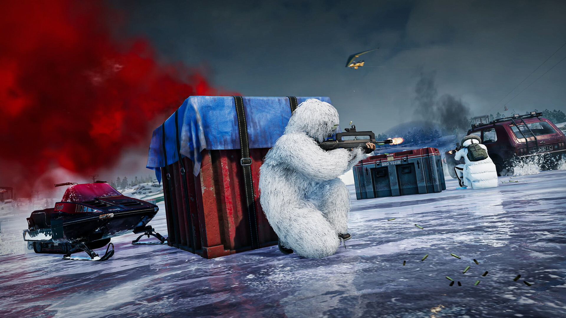 A PUBG player in a white ghillie suit fires from behind a care package on the frozen lake of Vikendi, red smoke drifting across the ice